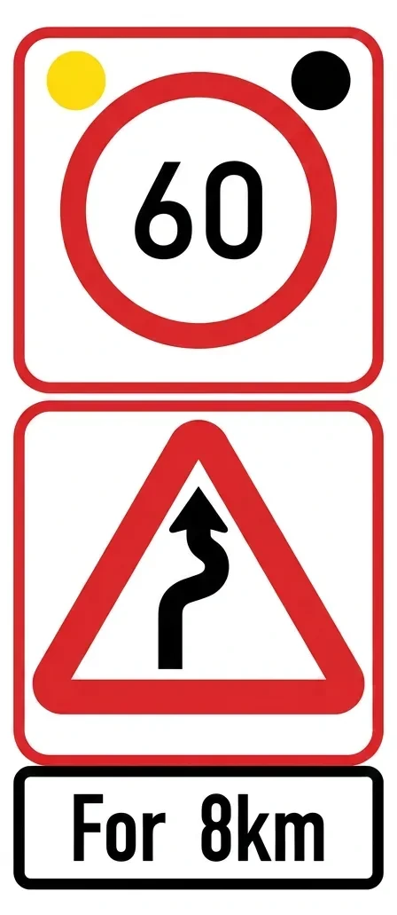 South African There is danger in the road lookout, you may not exceed 60km/h and lookout for a winding road ahead for the next 8km road sign (CS17)